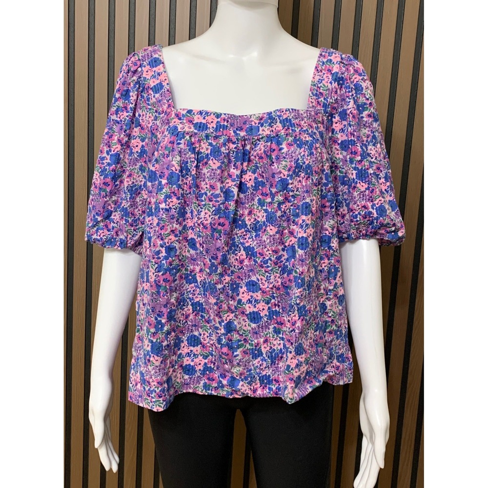 Vineyard Vines Women's Floral Square Neck Puff Sleeve Blouse Blue Purple Pink M